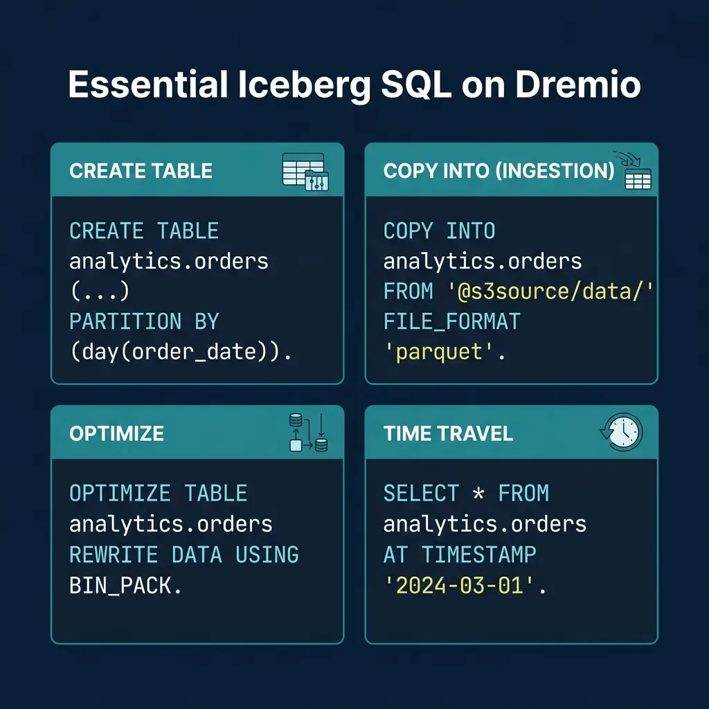 Four essential Iceberg SQL operations on Dremio: CREATE, COPY INTO, OPTIMIZE, and time travel