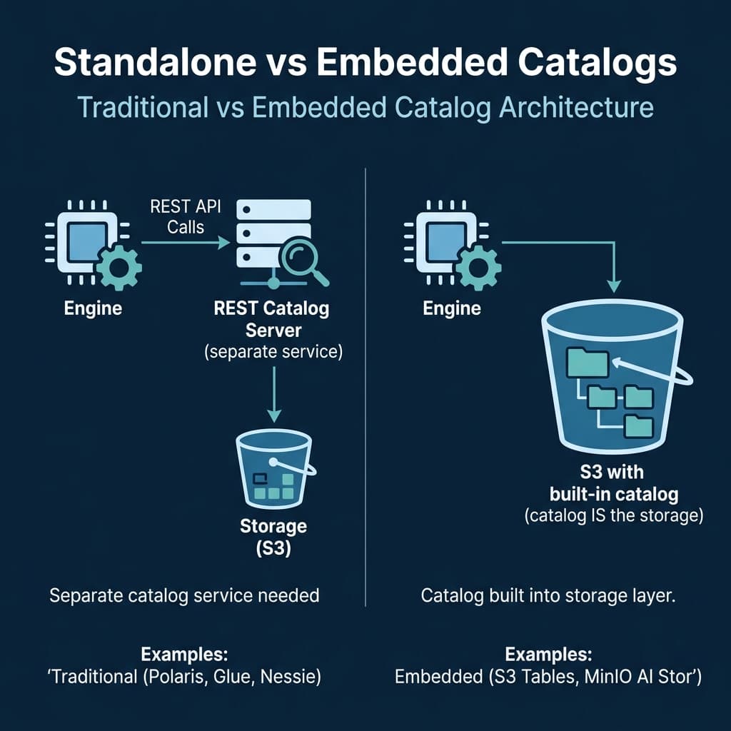 Standalone catalogs versus embedded catalogs showing how the architecture simplifies