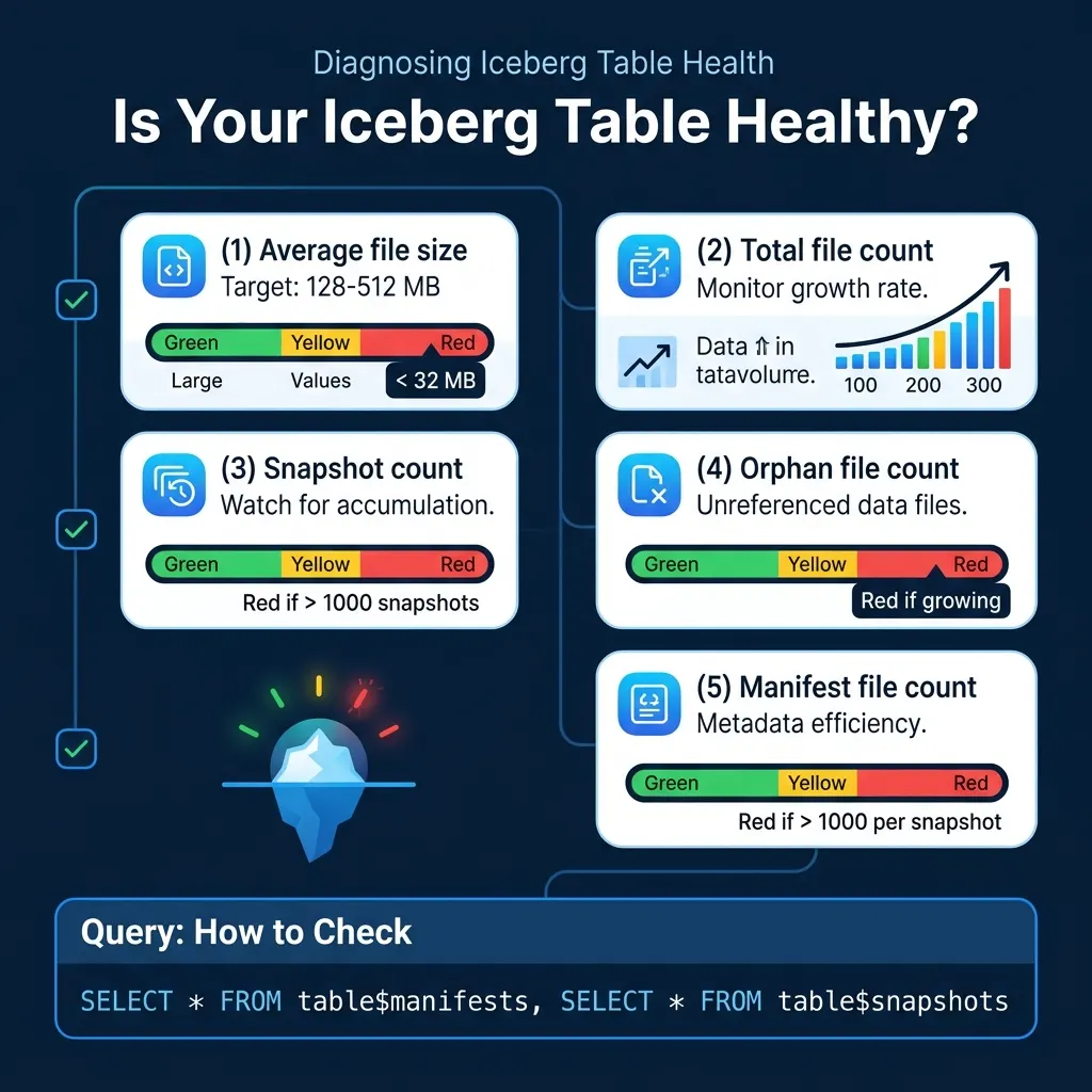 Checklist for diagnosing Iceberg table health using metadata table queries