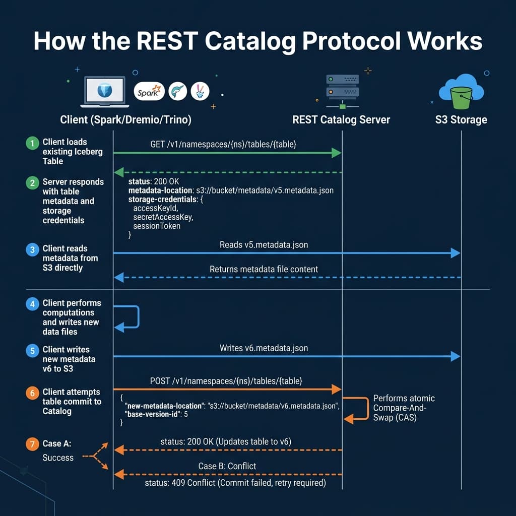 How the Iceberg REST Catalog Protocol works from table load through atomic commit
