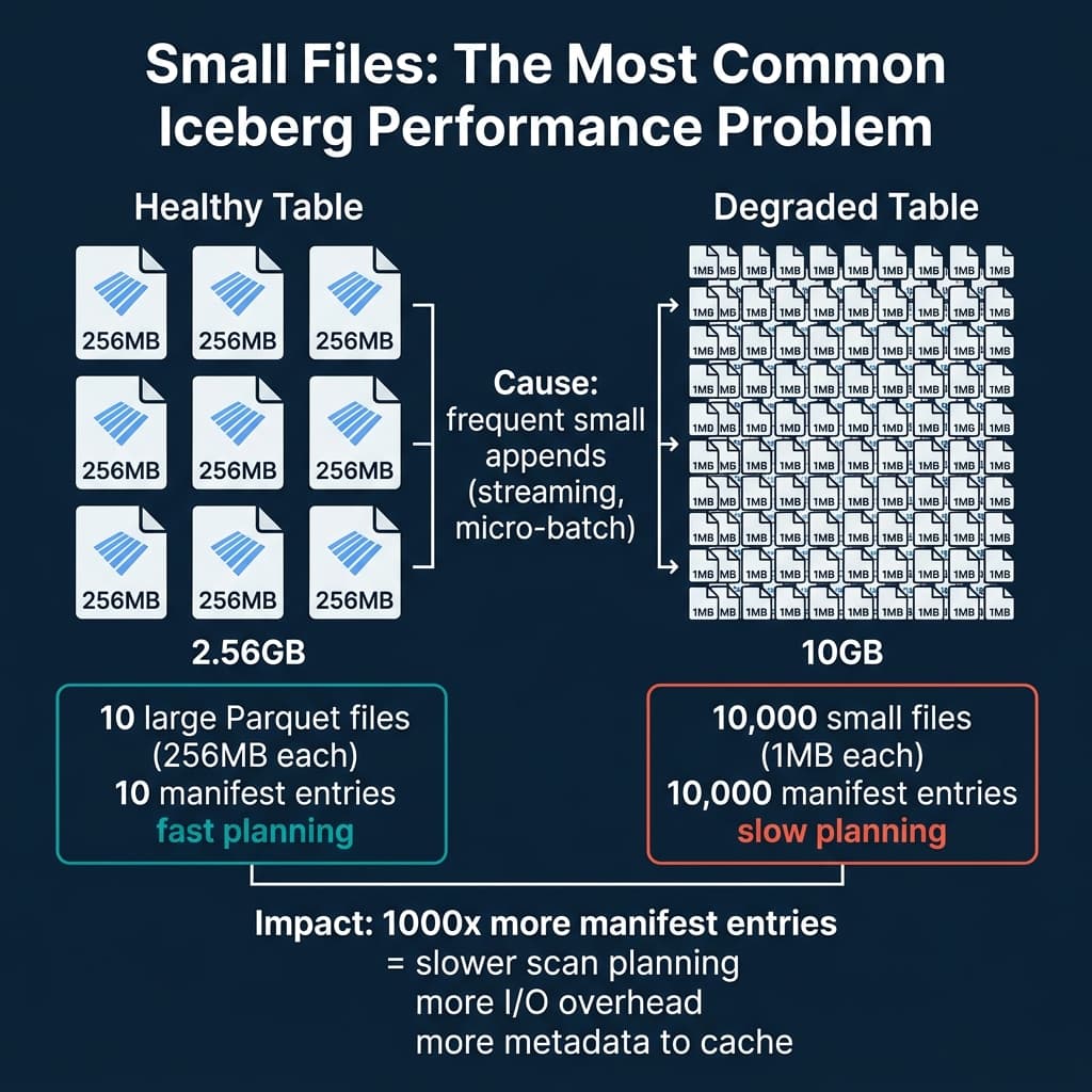 The small file problem comparing a healthy table with large files to a degraded table with thousands of tiny files